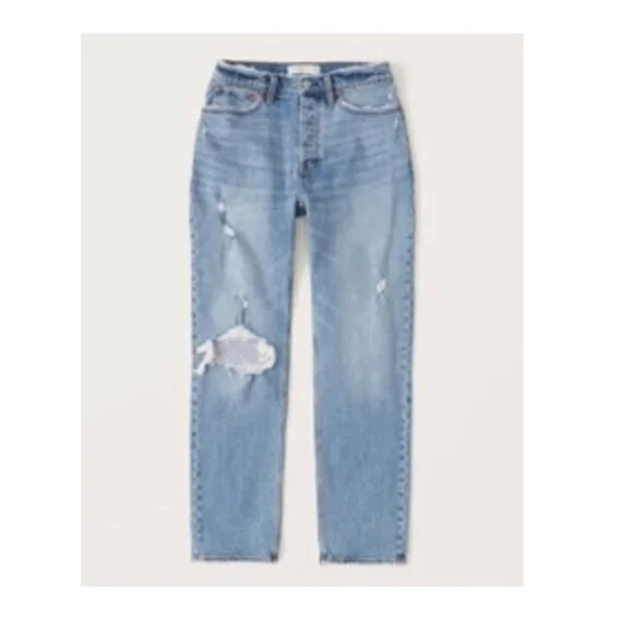 Abercrombie & Fitch Curve Love High Rise Dad Jeans Medium Ripped Wash Size 30L - Picture 2 of 12